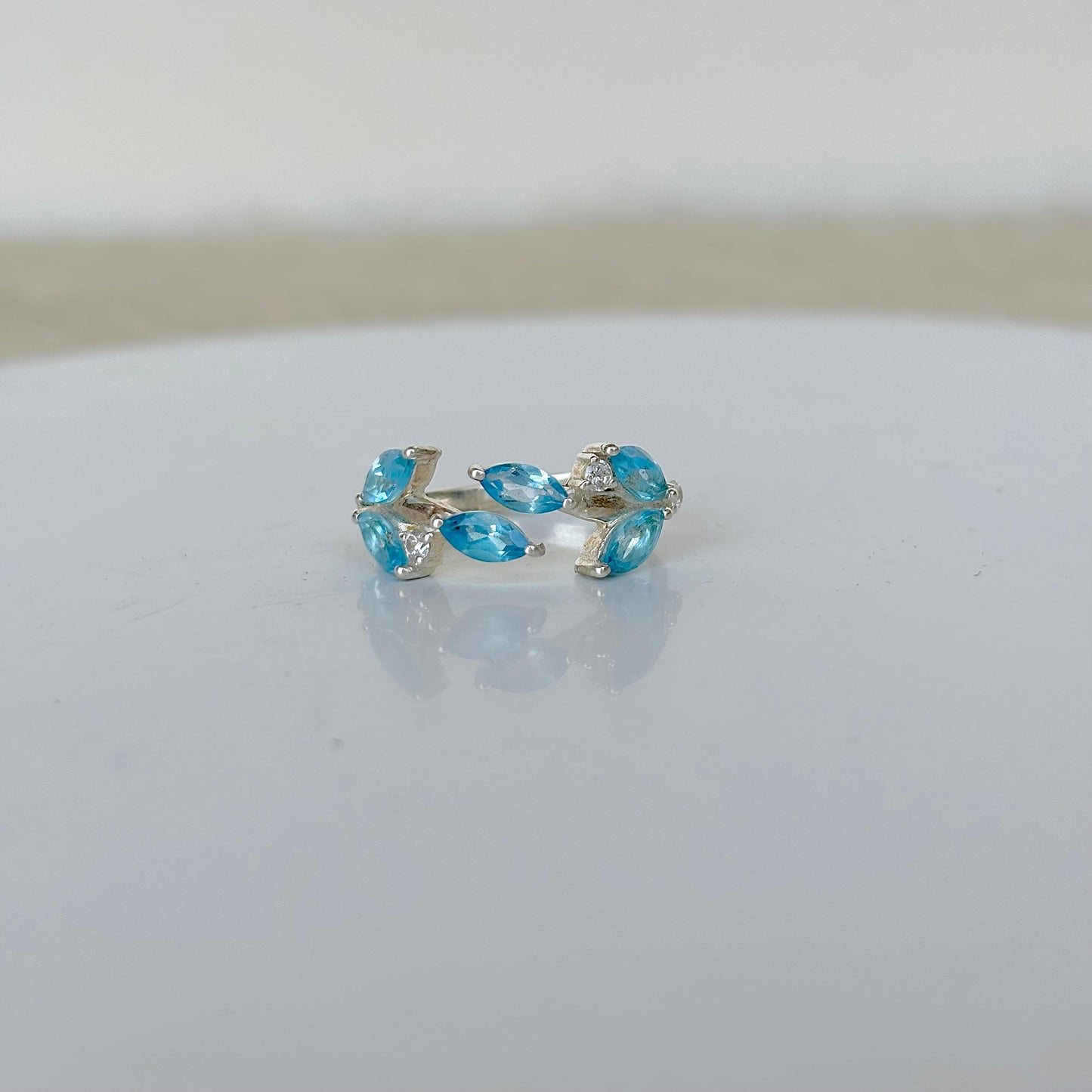 925 Pure Silver Natural Blue Topaz Marquise Leaf Ring