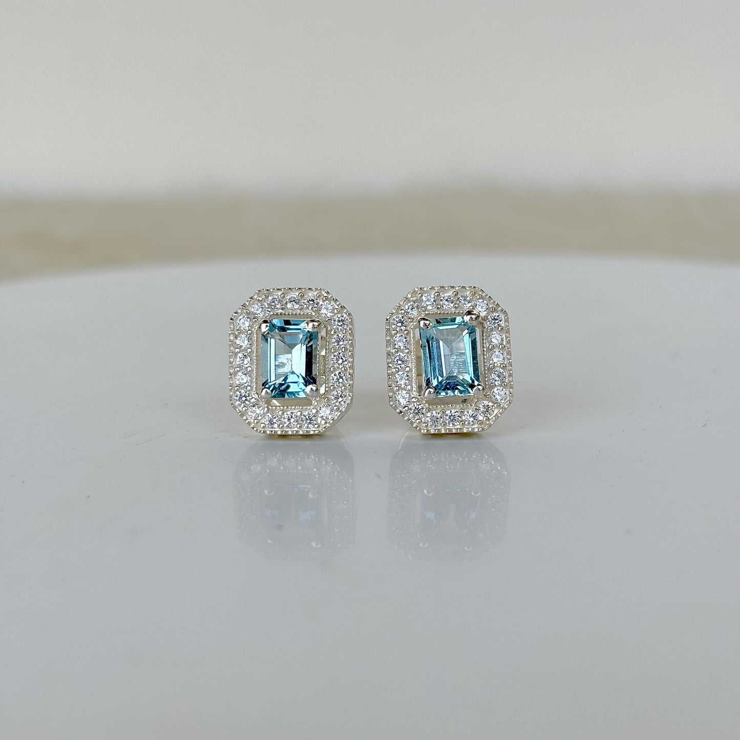 925 Pure Silver Natural Blue Topaz Halo Stud Earrings