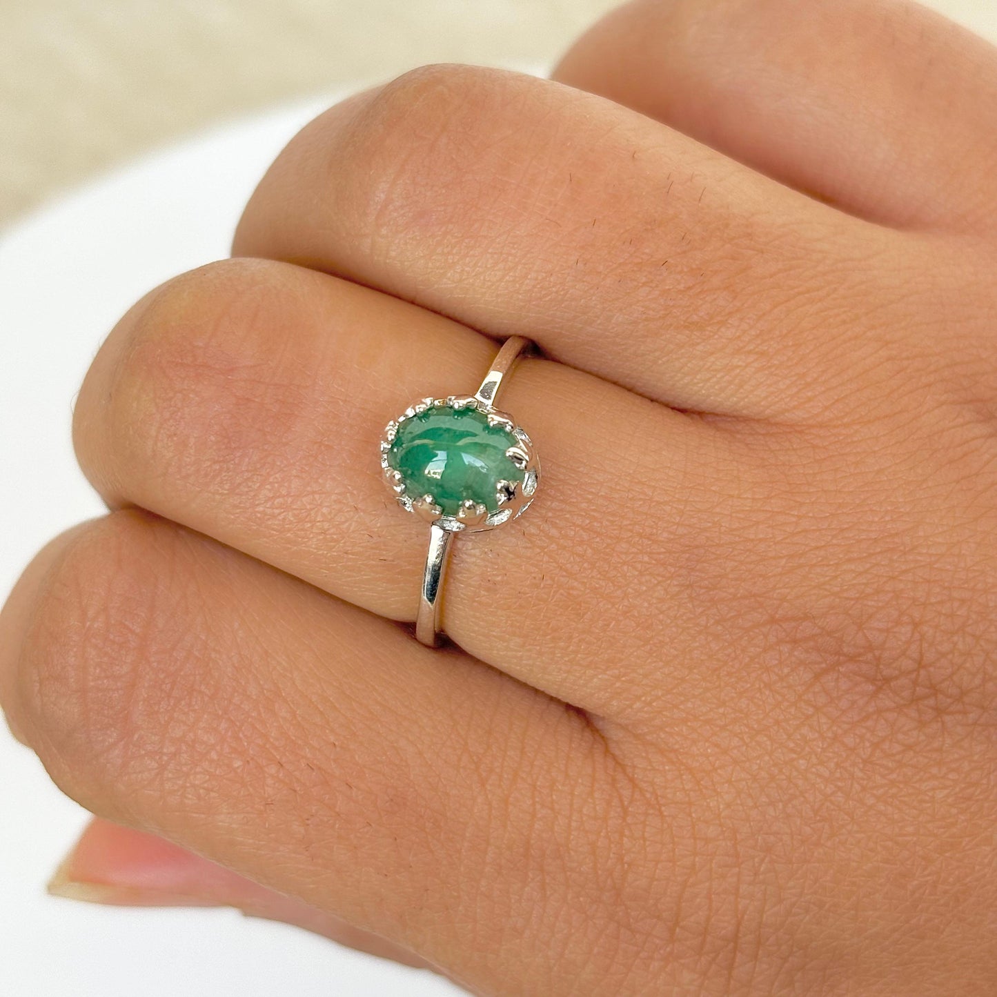 925 Pure Silver Oval Cut Natural Emerald Ring