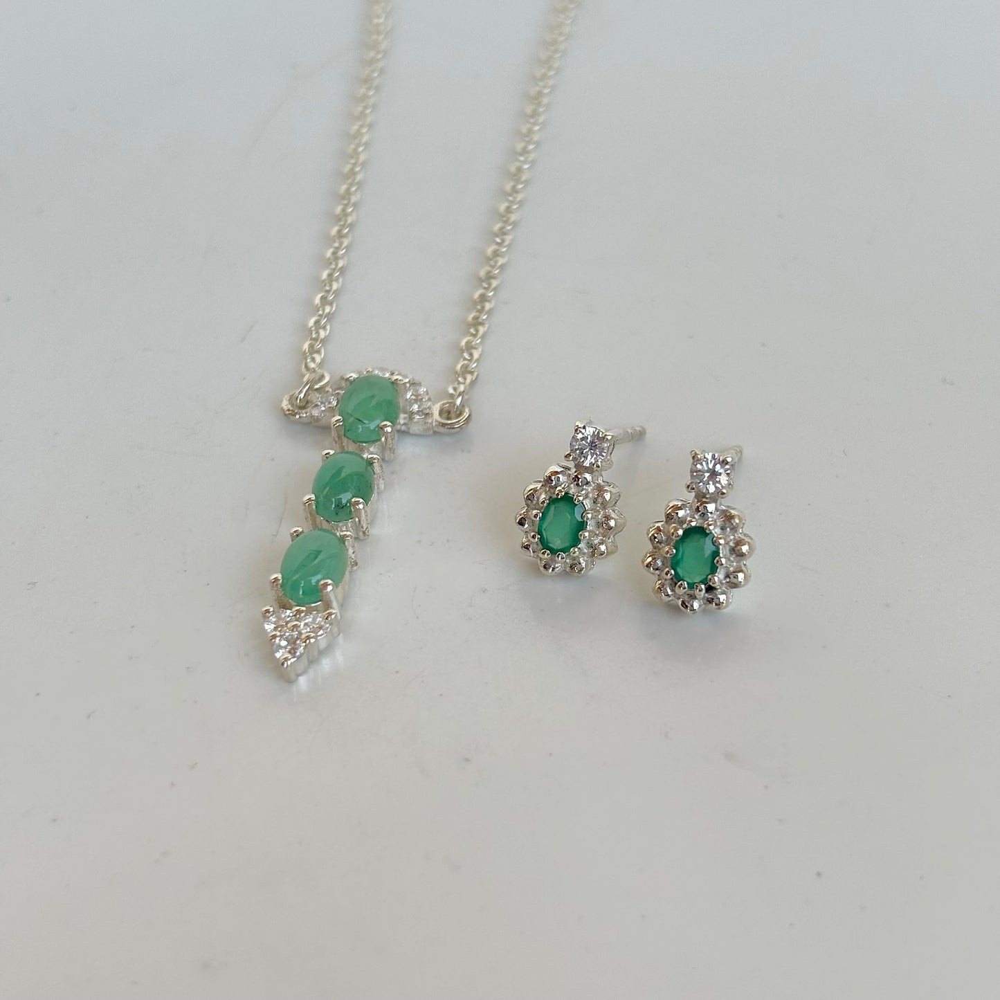 925 Pure Silver Natural Emerald Necklace with Earrings