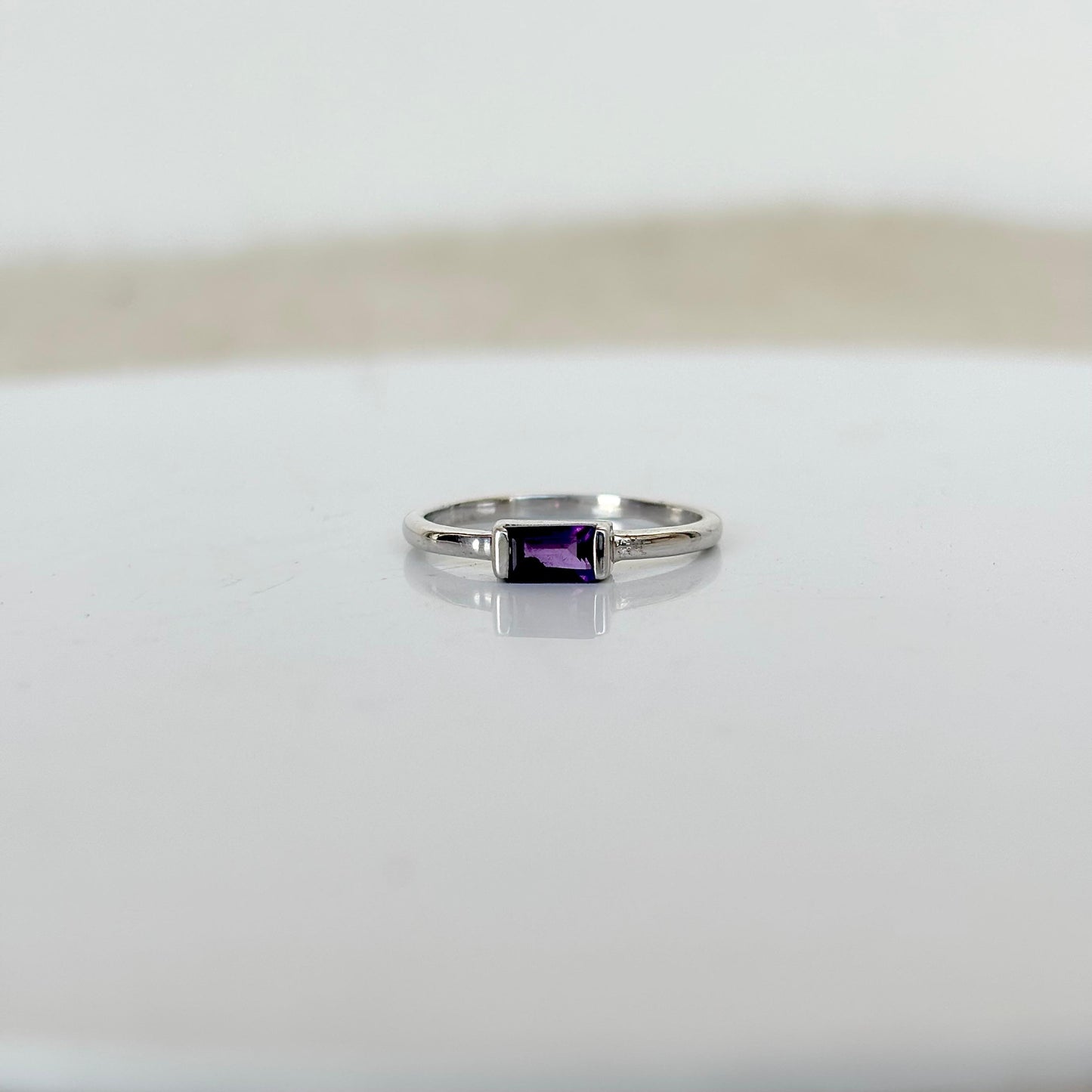 925 Pure Silver Natural Amethyst Baguette Cut Dainty Ring