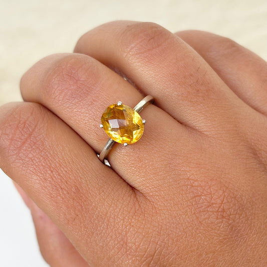 Golden Citrine 925 Pure Silver Solitaire Ring (Certified)