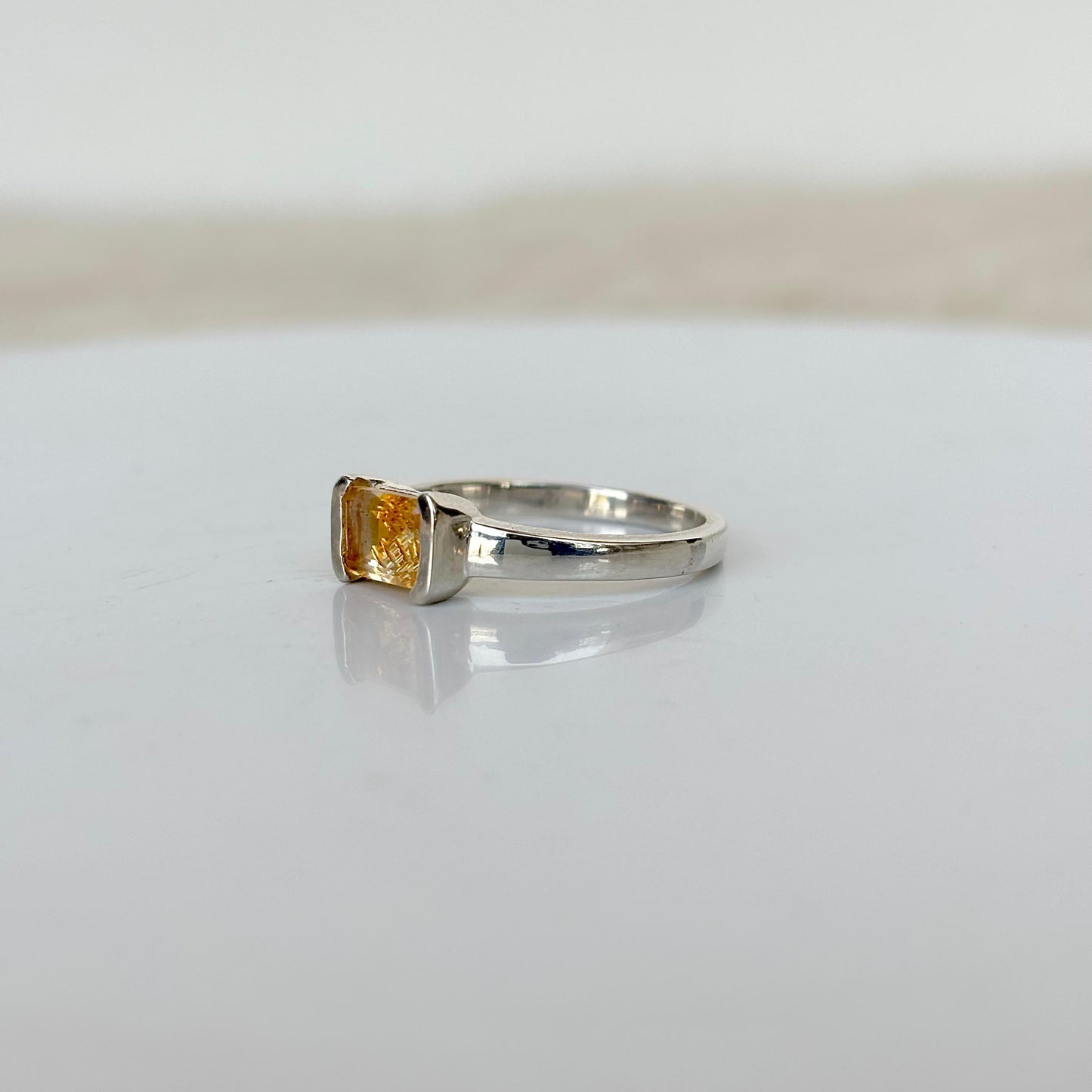 925 Pure Silver Natural Emerald Cut Carved Citrine Birthstone Ring