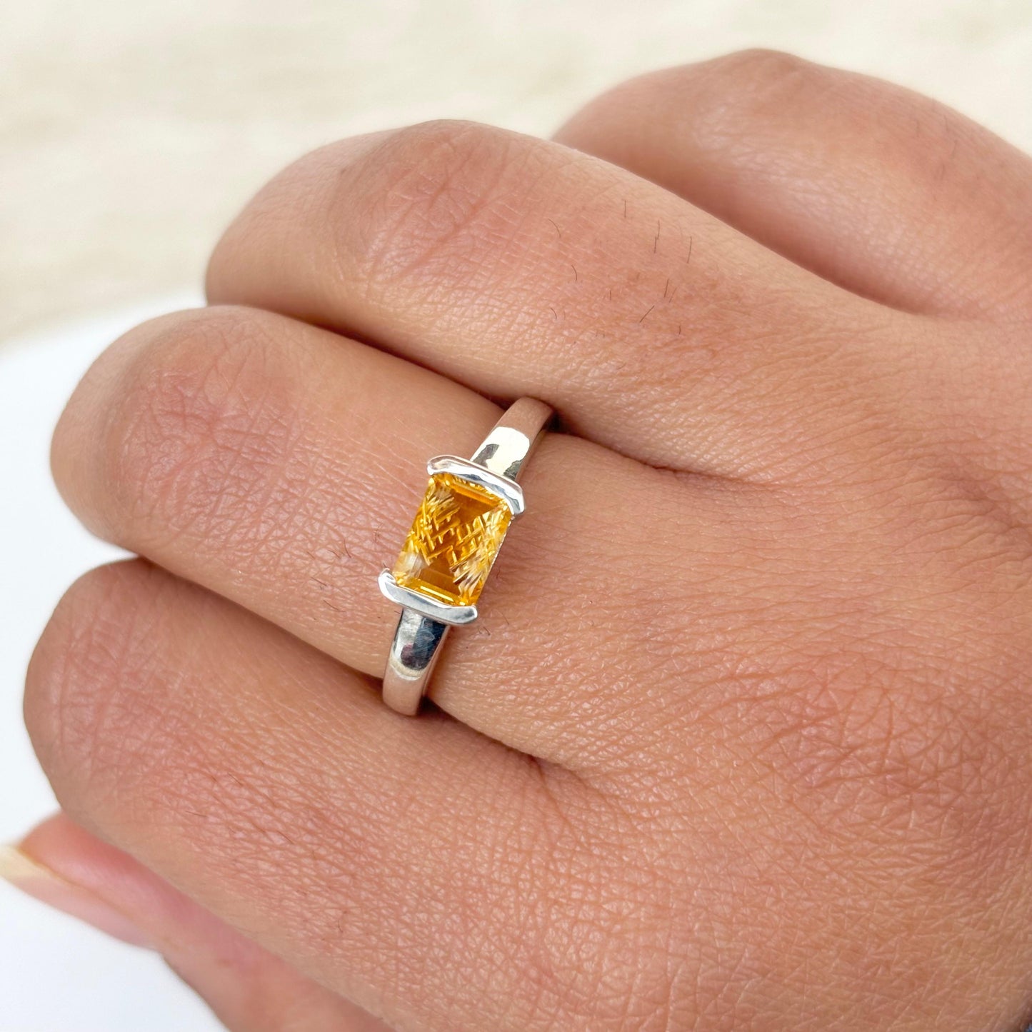 925 Pure Silver Natural Emerald Cut Carved Citrine Birthstone Ring