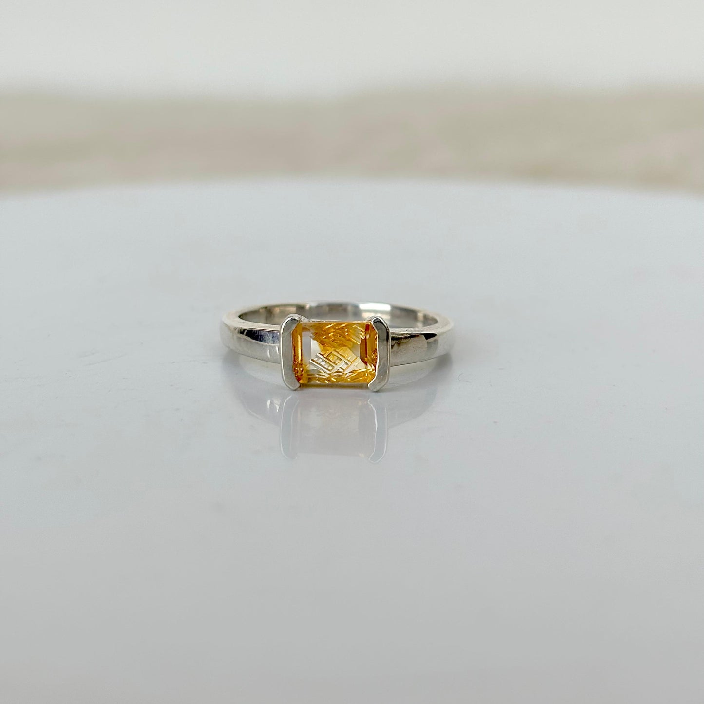 925 Pure Silver Natural Emerald Cut Carved Citrine Birthstone Ring