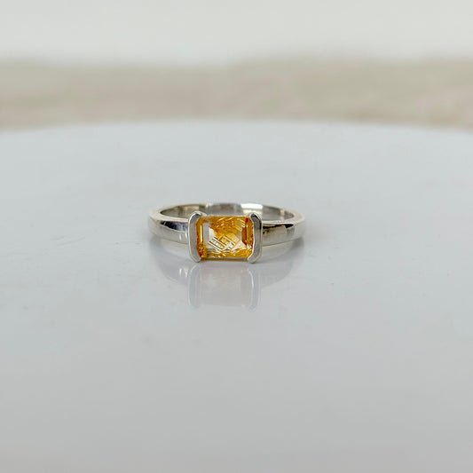 925 Pure Silver Natural Emerald Cut Carved Citrine Birthstone Ring
