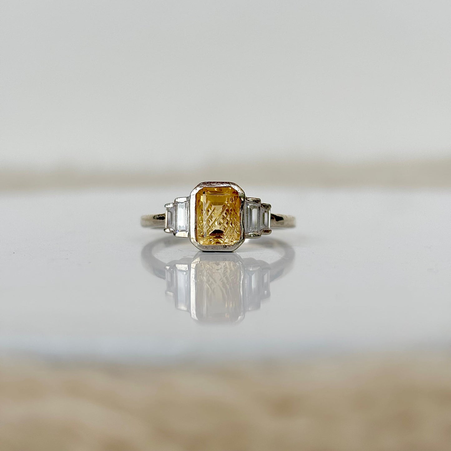 925 Pure Silver Baguette Carved Citrine Birthstone Ring