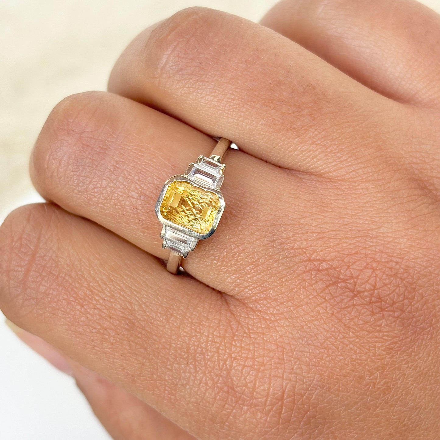 925 Pure Silver Baguette Carved Citrine Birthstone Ring