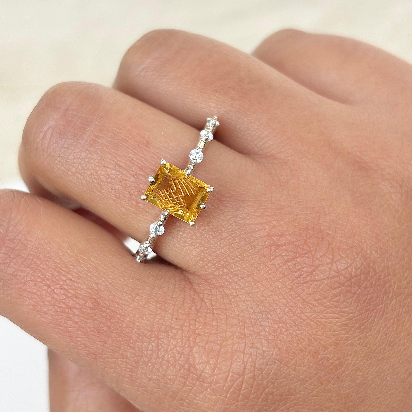 925 Pure Silver Natural Emerald Cut Carved Citrine Birthstone Ring