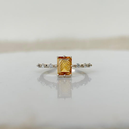 925 Pure Silver Natural Emerald Cut Carved Citrine Birthstone Ring