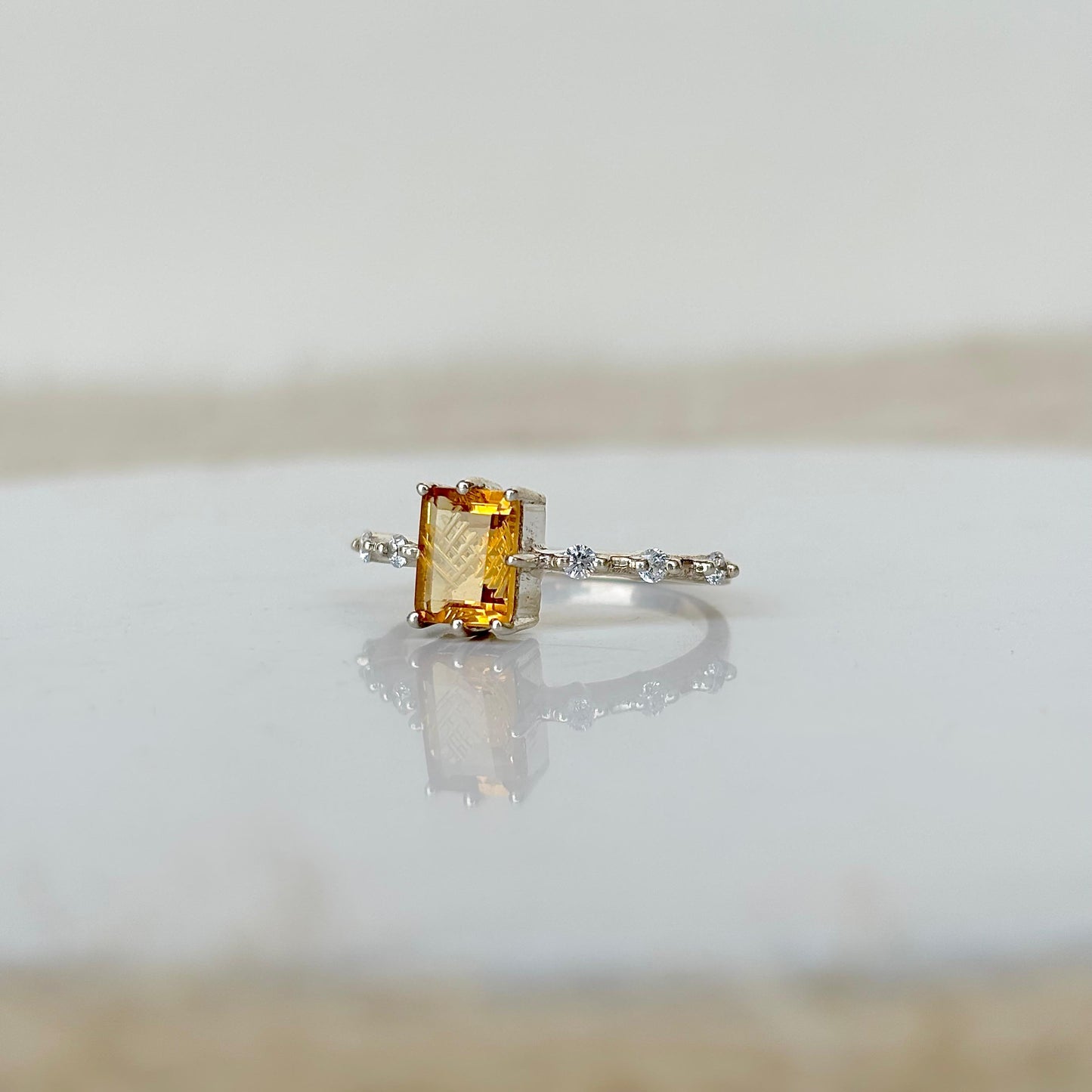 925 Pure Silver Natural Emerald Cut Carved Citrine Birthstone Ring