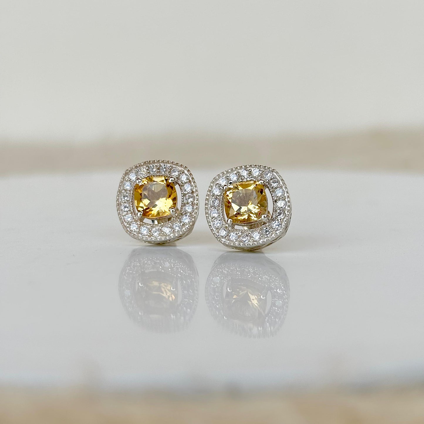 925 Pure Silver Natural Citrine Halo Stud Earrings