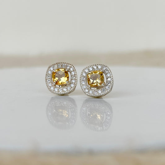 925 Pure Silver Natural Citrine Halo Stud Earrings
