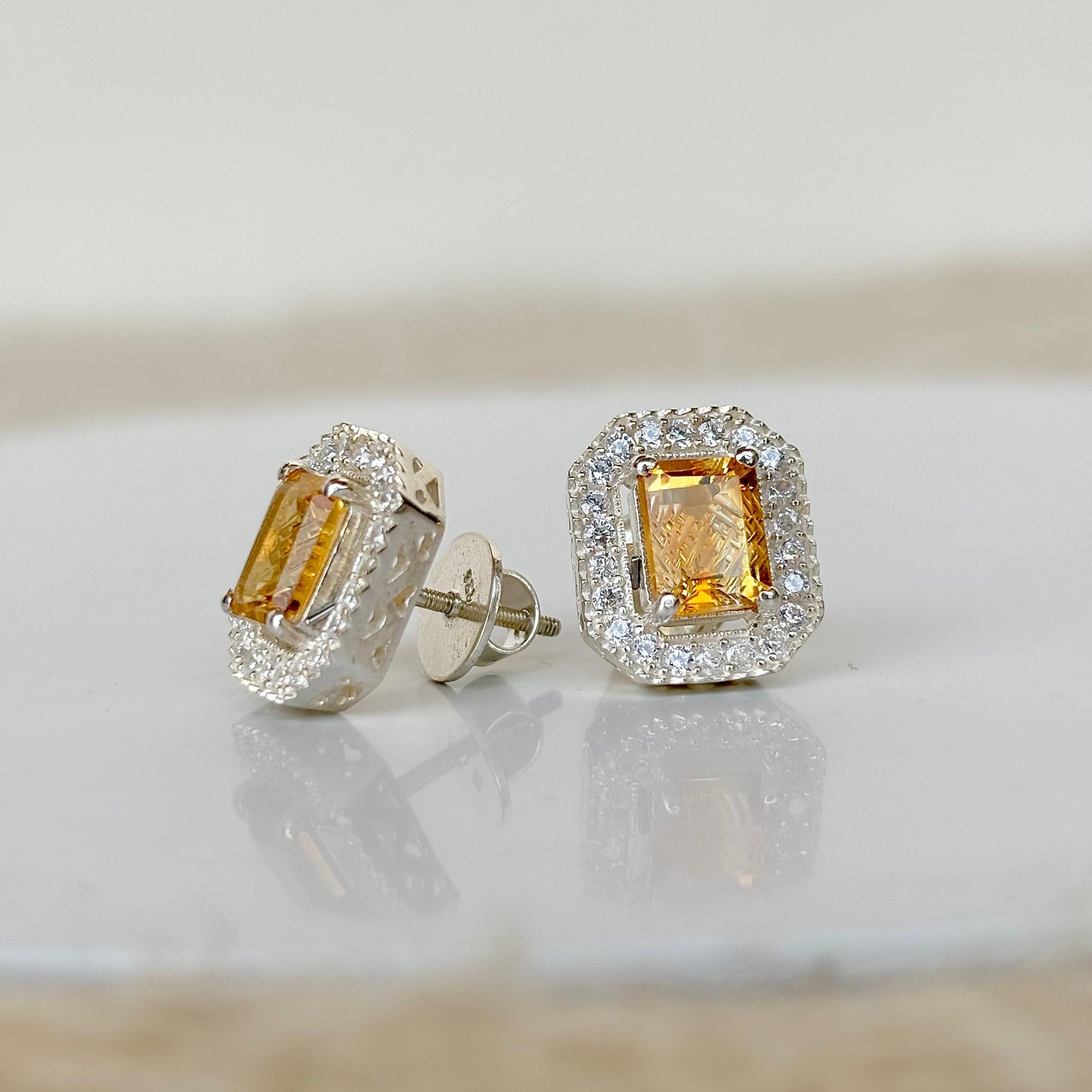 925 Pure Silver Natural Emerald Cut Citrine Earrings
