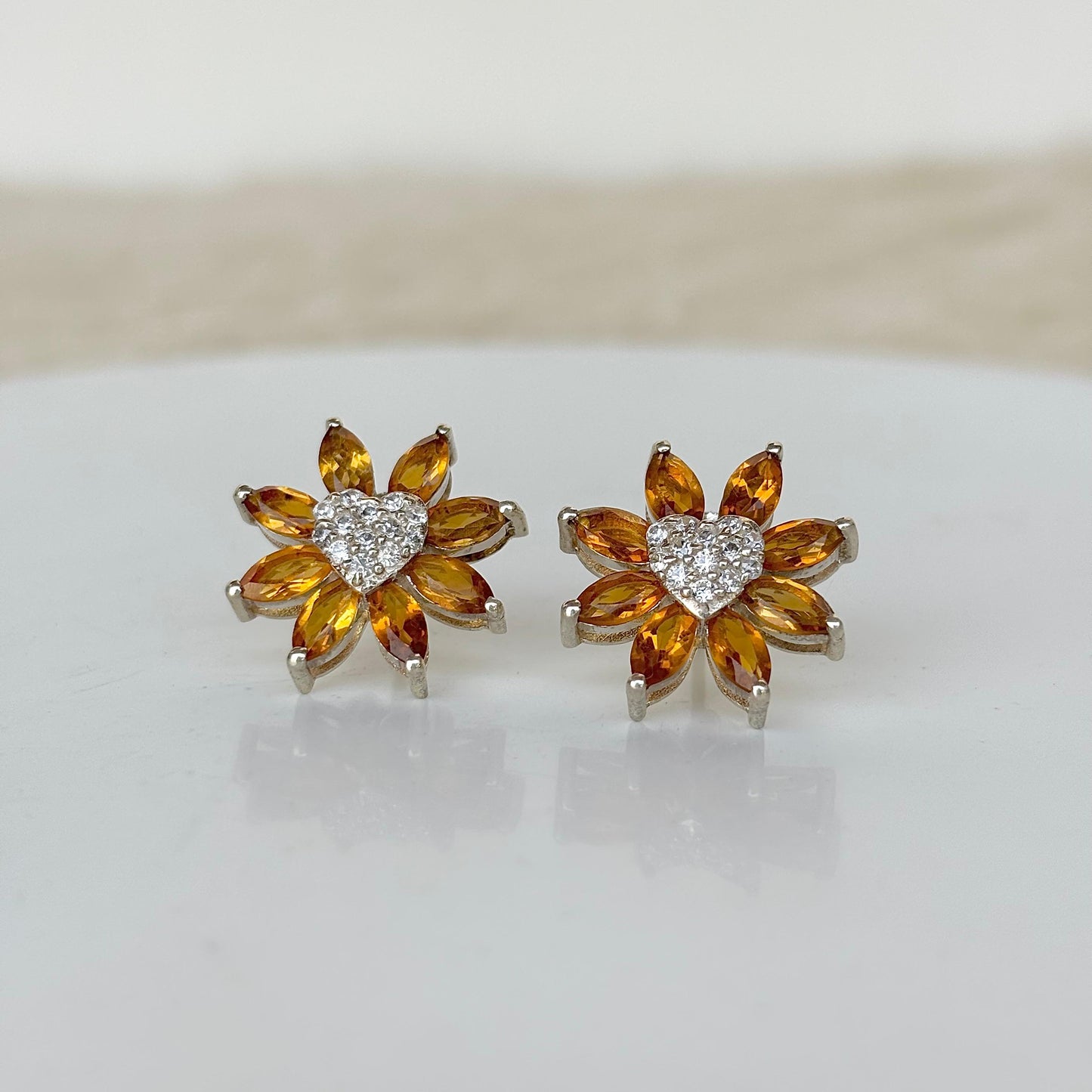 925 Pure Silver Citrine Flower Stud Earrings