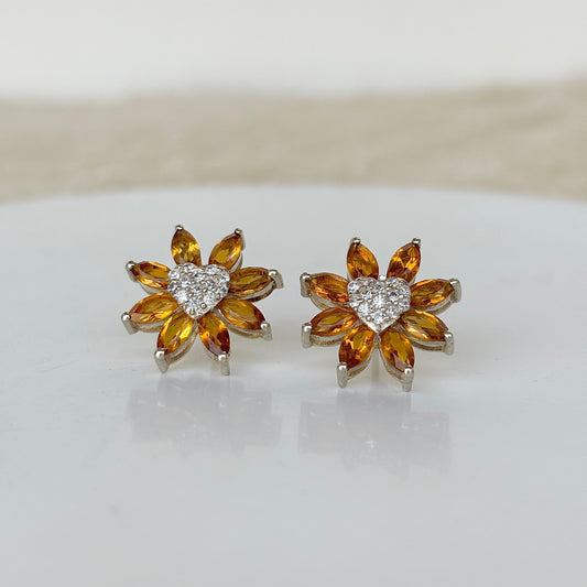 925 Pure Silver Citrine Flower Stud Earrings