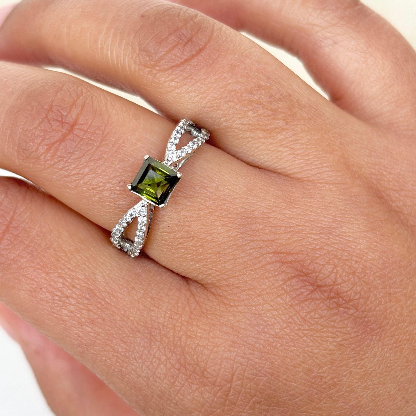 925 Pure Silver Natural Green Olive Tourmaline Solitaire Ring
