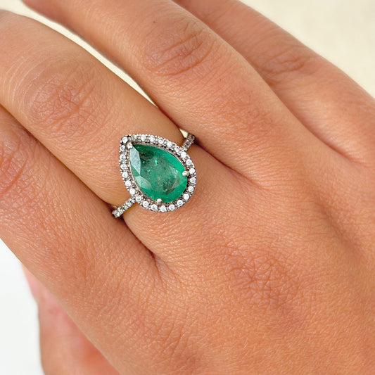 Natural Pear Emerald 925 Pure Silver Ring (Certified)