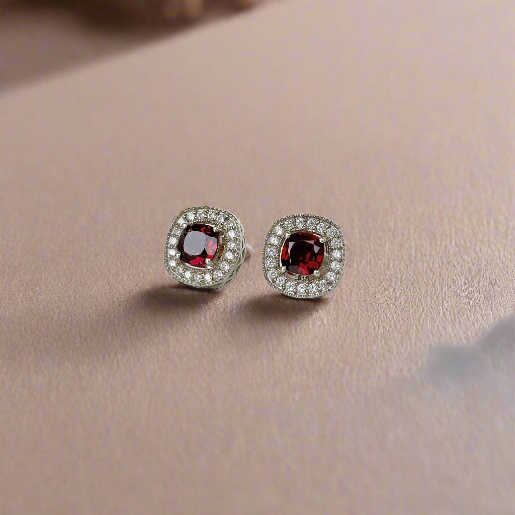Natural garnet halo stud earrings in 925 sterling silver – gemstone jewelry for elegance and healing