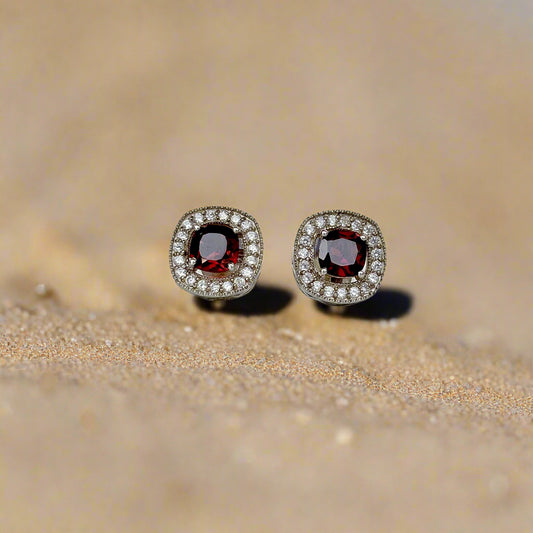 Natural garnet halo stud earrings in 925 sterling silver – gemstone jewelry for elegance and healing