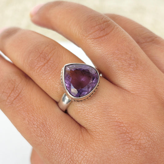 Natural Amethyst Ring Tear Drop 925 Pure Silver Ring (Certified)