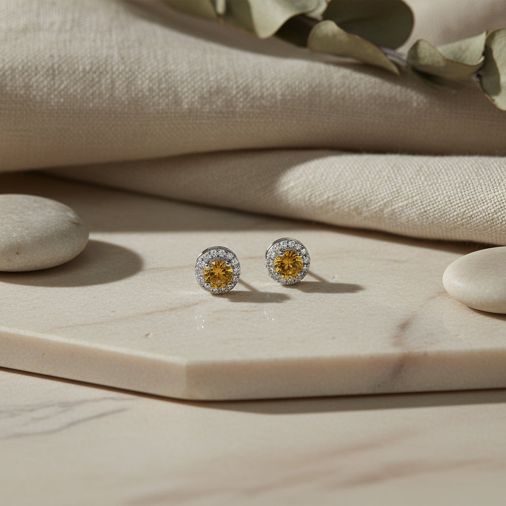 925 Pure Silver Natural Round Cut Citrine Earrings