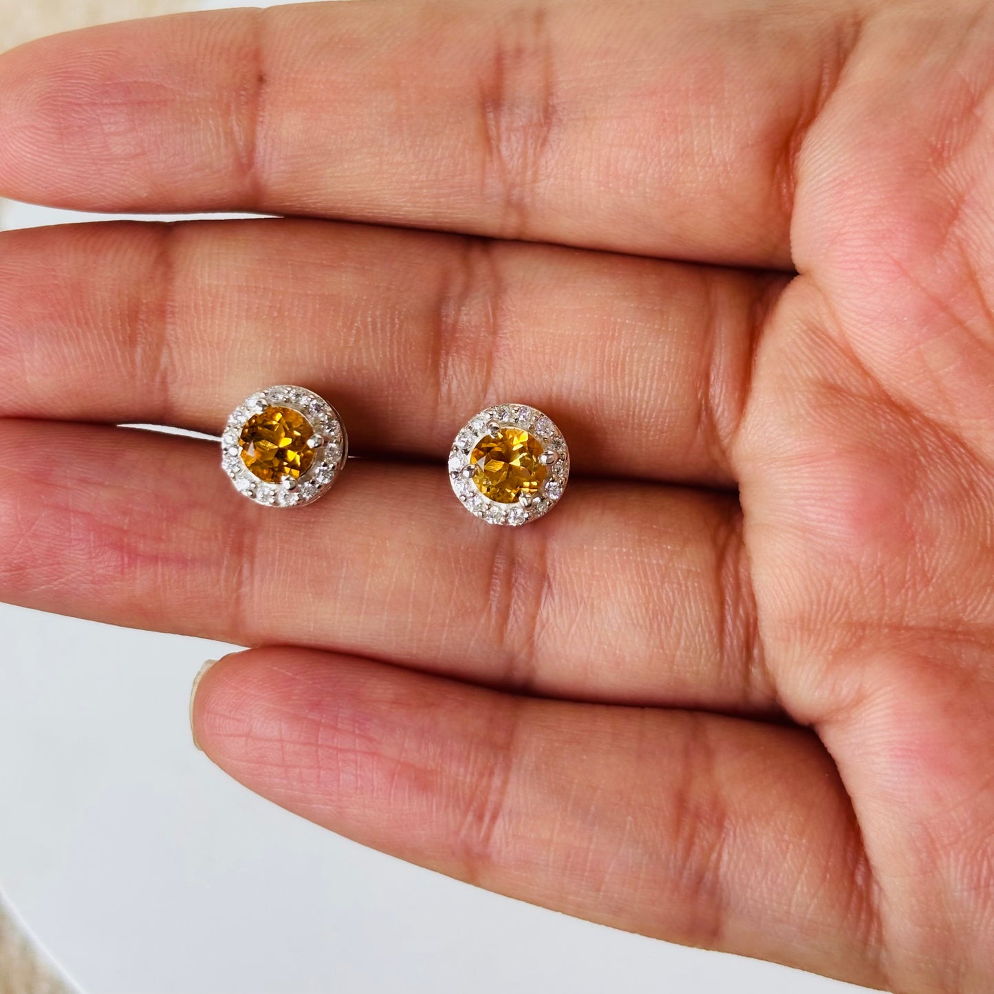925 Pure Silver Natural Round Cut Citrine Earrings