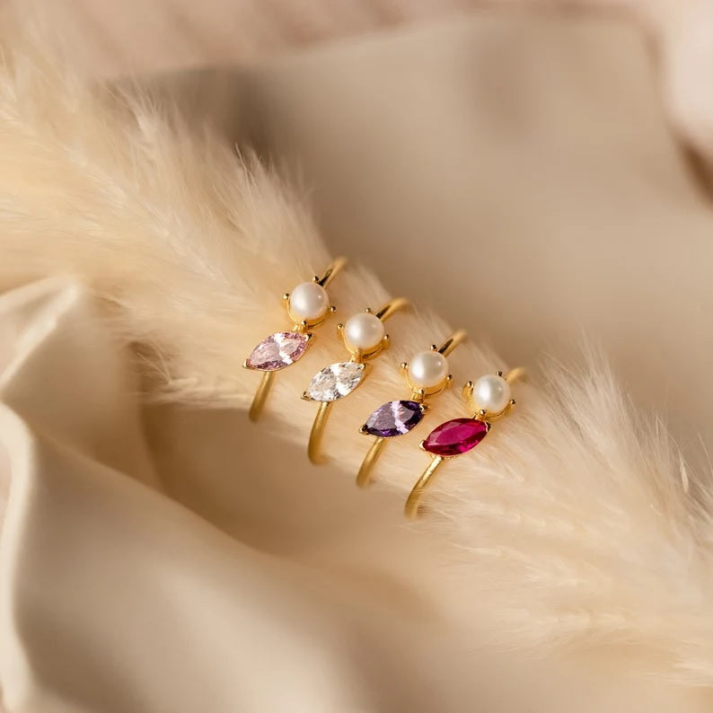 925 Pure Silver Birthstone Pearl & CZ Minimalist Dainty Ring