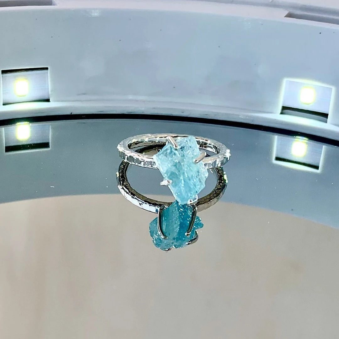 925 Pure Silver Natural Aquamarine Crystal Ring