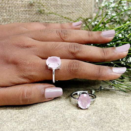 925 Pure Silver Rose Quartz Diamond Cut Ring