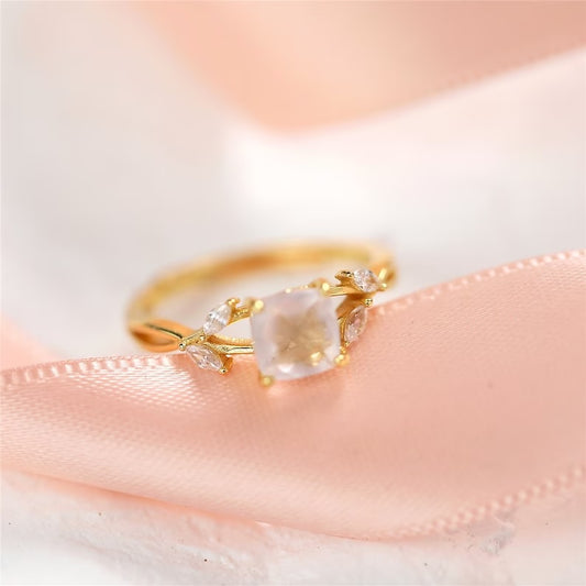 925 Pure Silver Gold Plated Rose Quartz Crystal Engagement Ring
