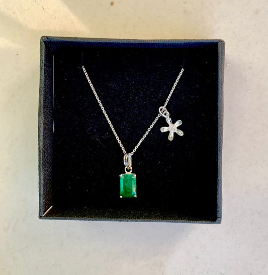925 Pure Silver Zambian Natural Emerald Pendant with Chain + Small Flower Charm Pendant Necklace