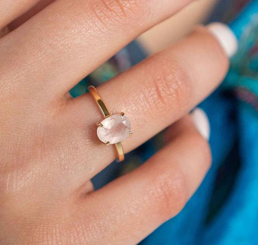 925 Pure Silver 22k Gold Plated Natural Rose Quartz Ring
