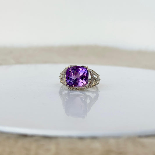 925 Pure Silver Cushion-Cut Natural Amethyst Ring