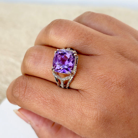 Natural Cushion-Cut Amethyst 925 Pure Silver Ring (Certified)