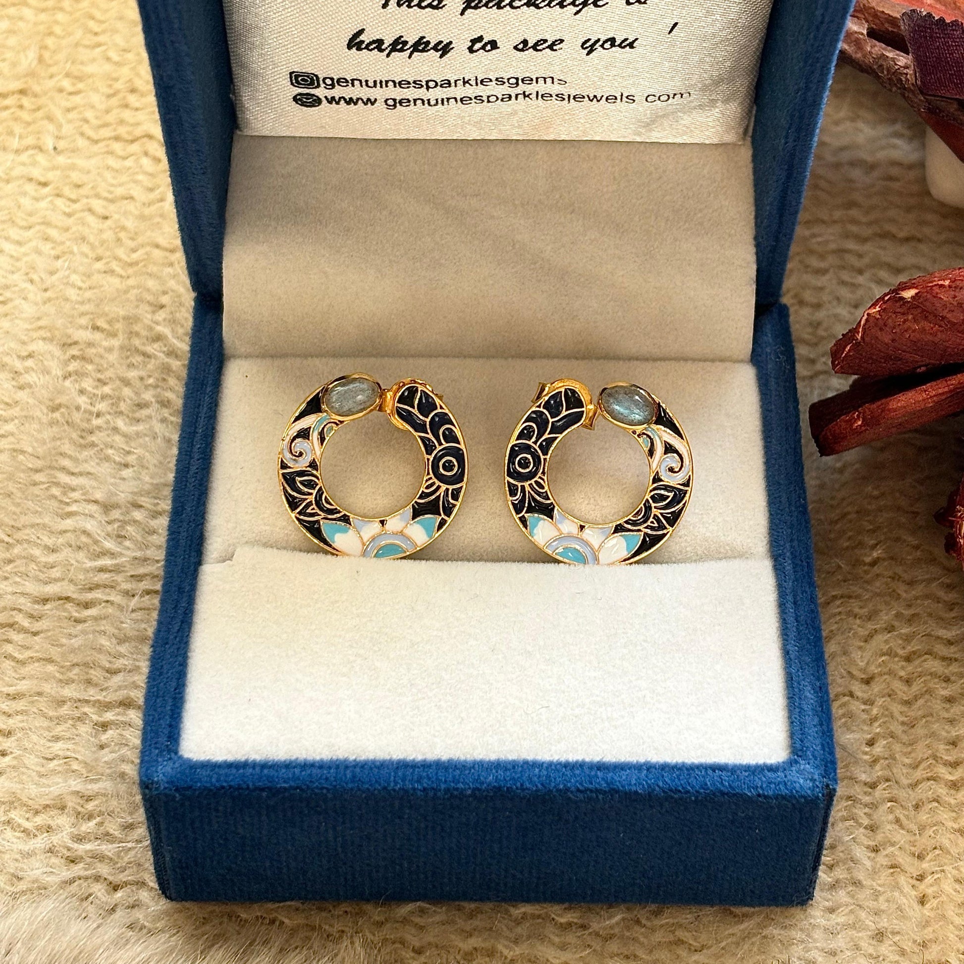 925 silver earrings with natural labradorite and floral enamel design – elegant handcrafted jewelry for women