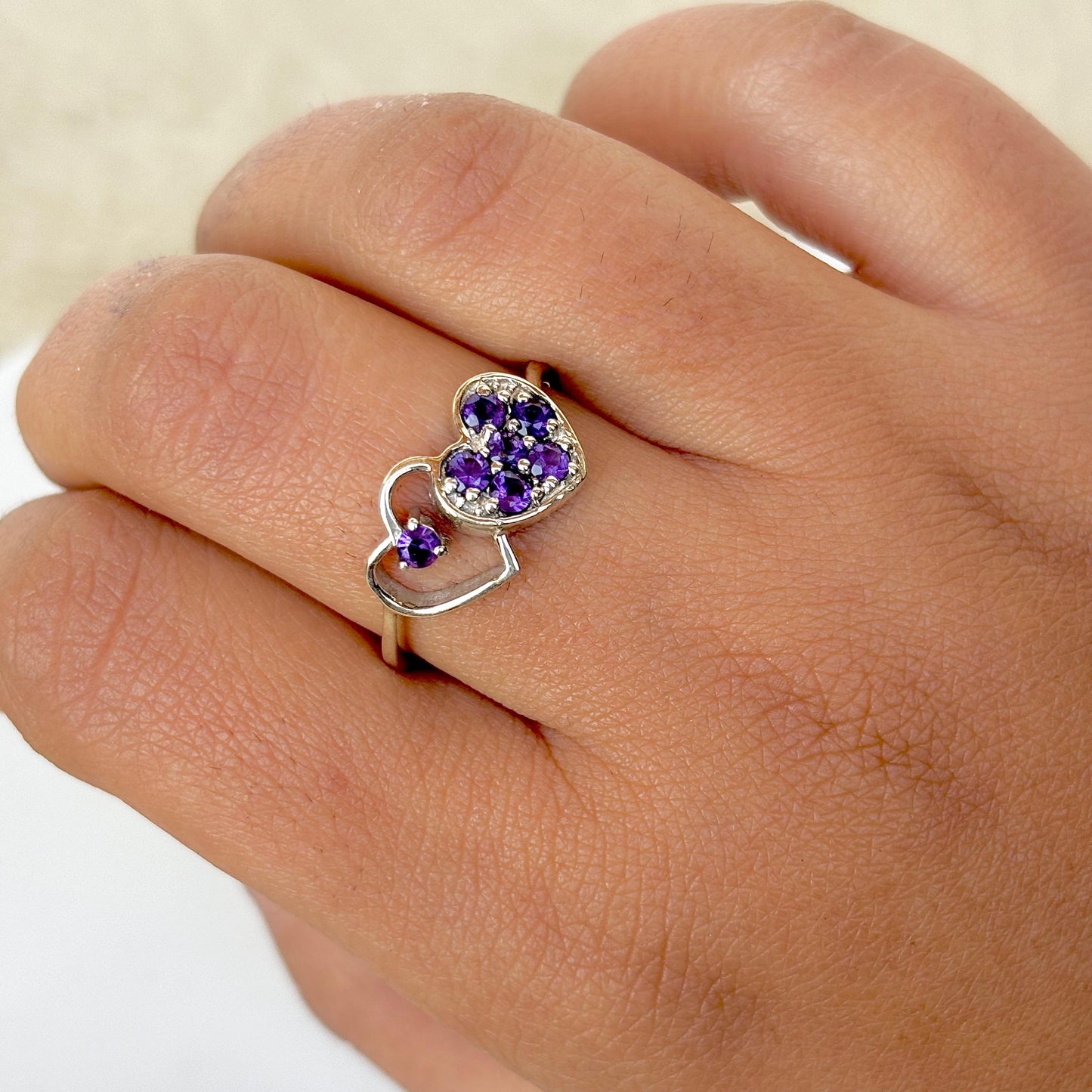 925 Pure Silver Natural Amethyst Heart Love Ring