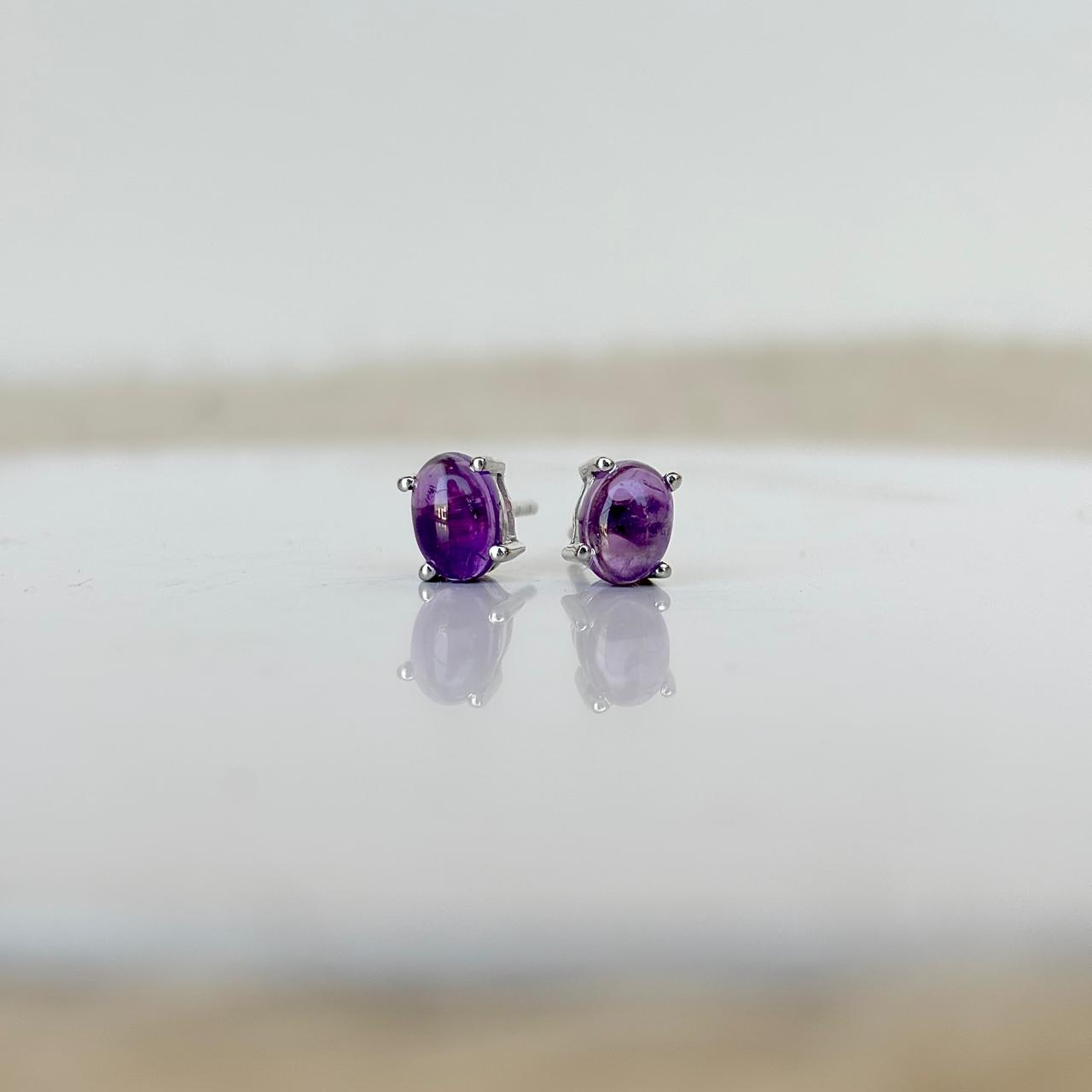 925 Pure Silver Natural Amethyst Oval Shape Studs