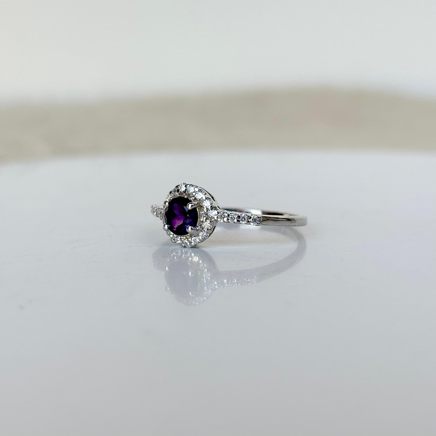 Pure Essence: 925 Pure Silver Natural Amethyst Round Ring