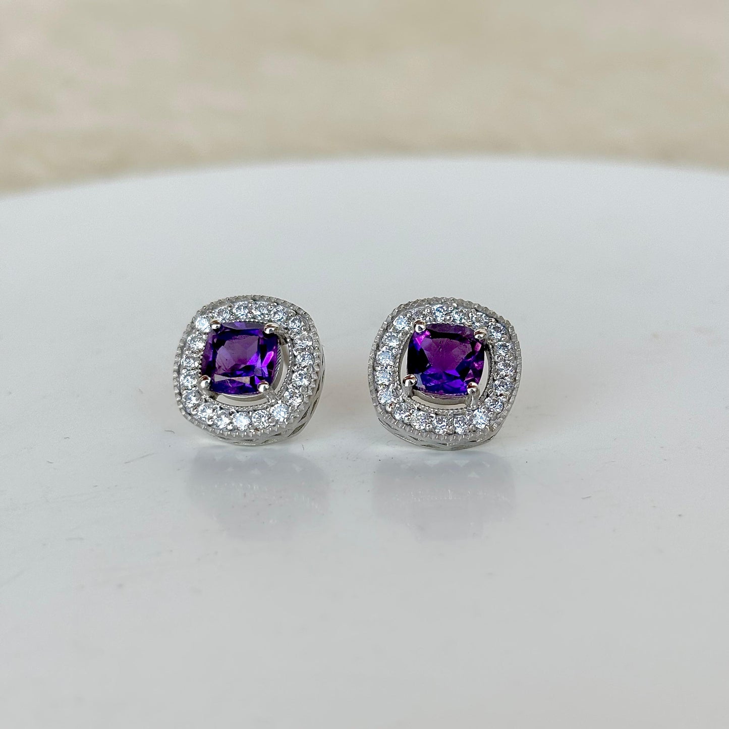 925 Pure Silver Natural Amethyst Halo Stud Earrings