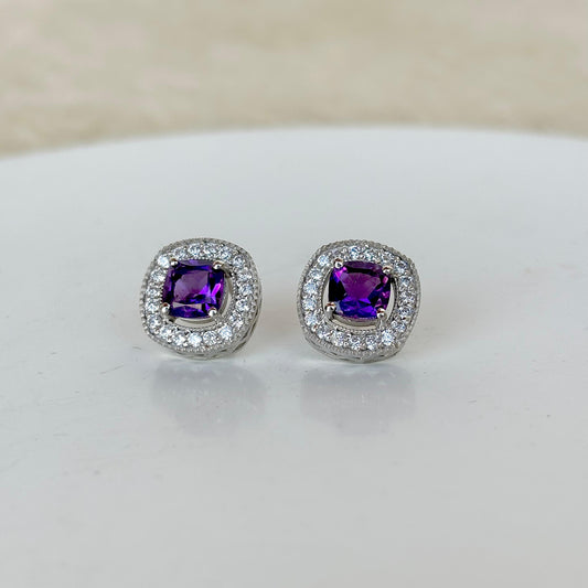 925 Pure Silver Natural Amethyst Halo Stud Earrings