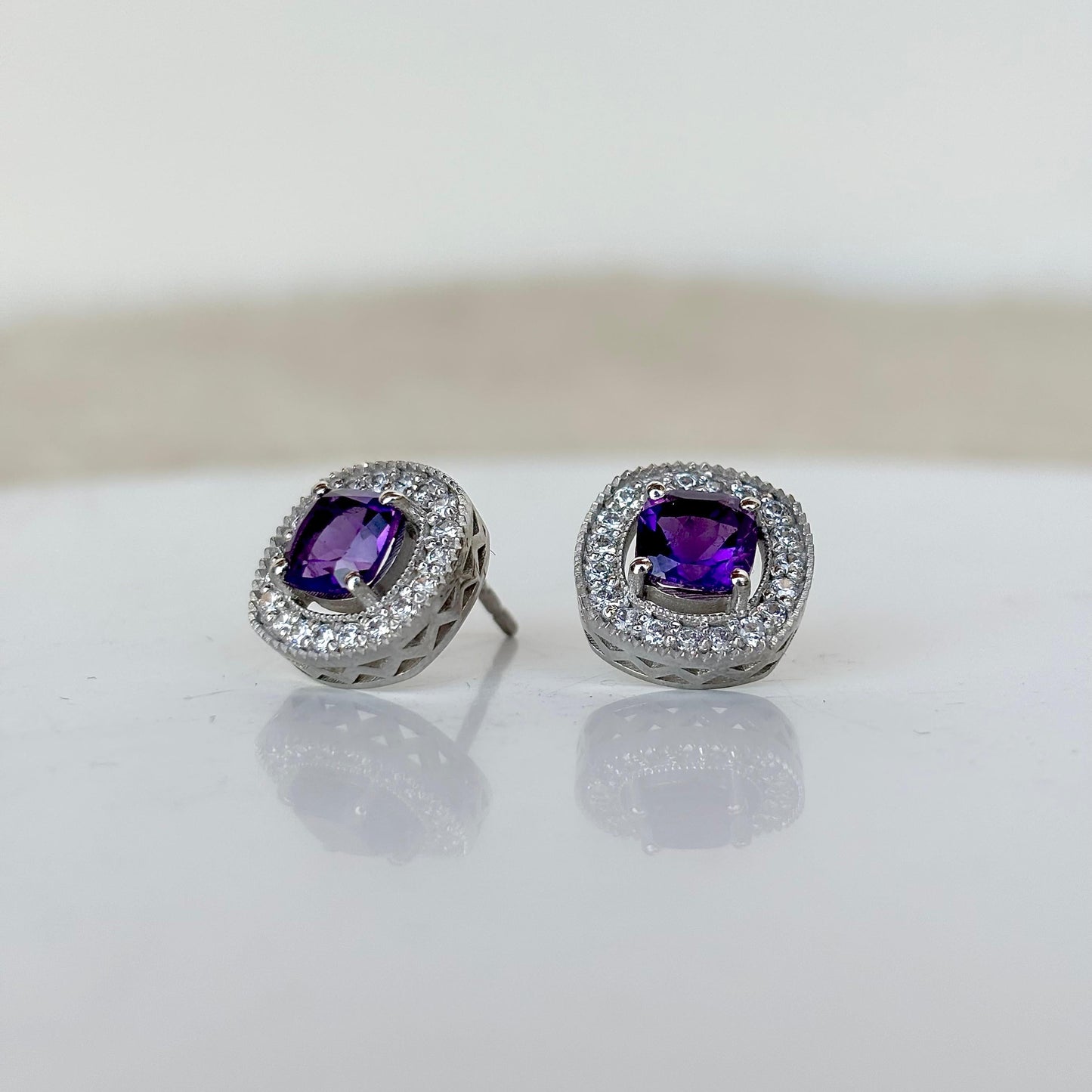 925 Pure Silver Natural Amethyst Halo Stud Earrings