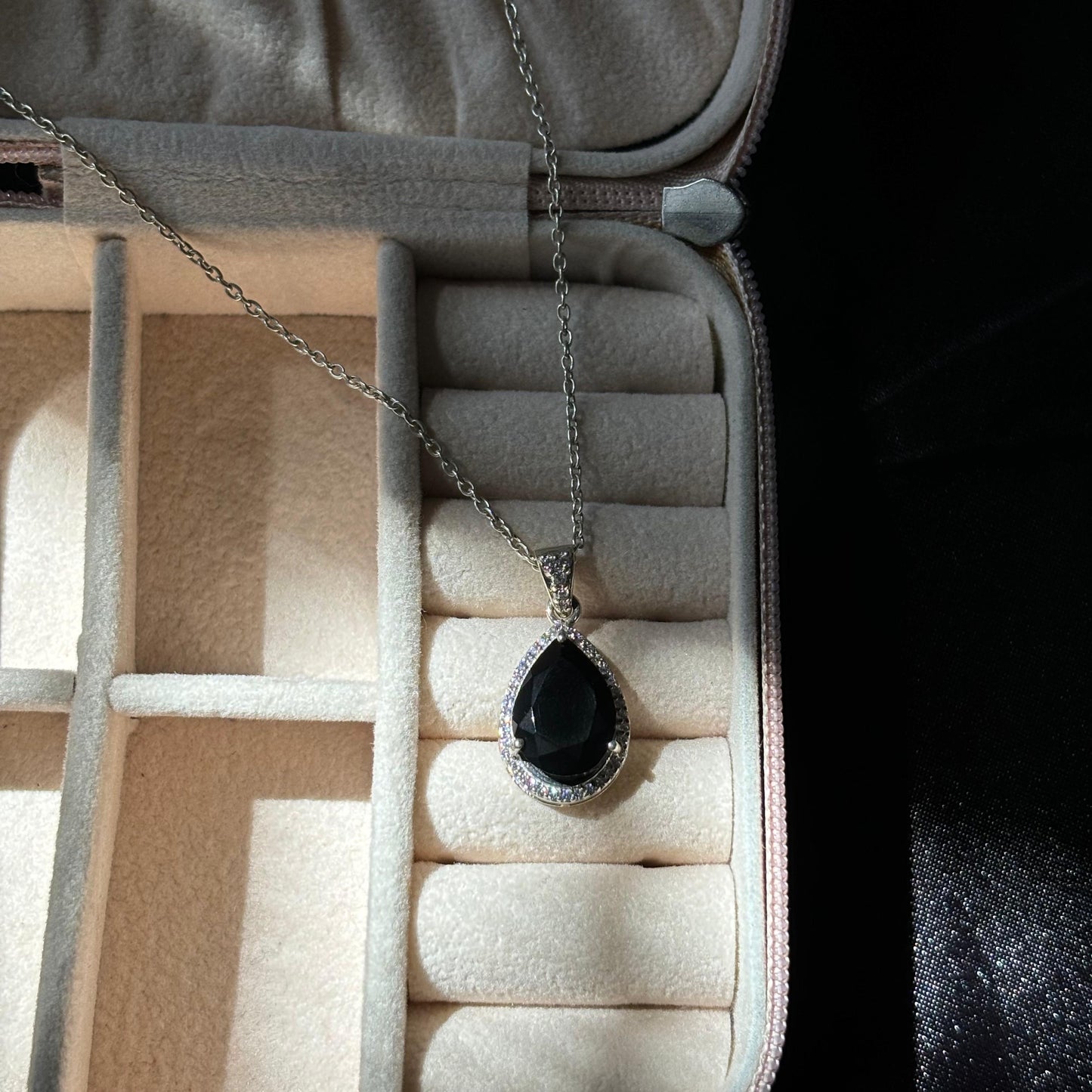 925 Pure Silver Pear Cut Natural Black Onyx Pendant Necklace
