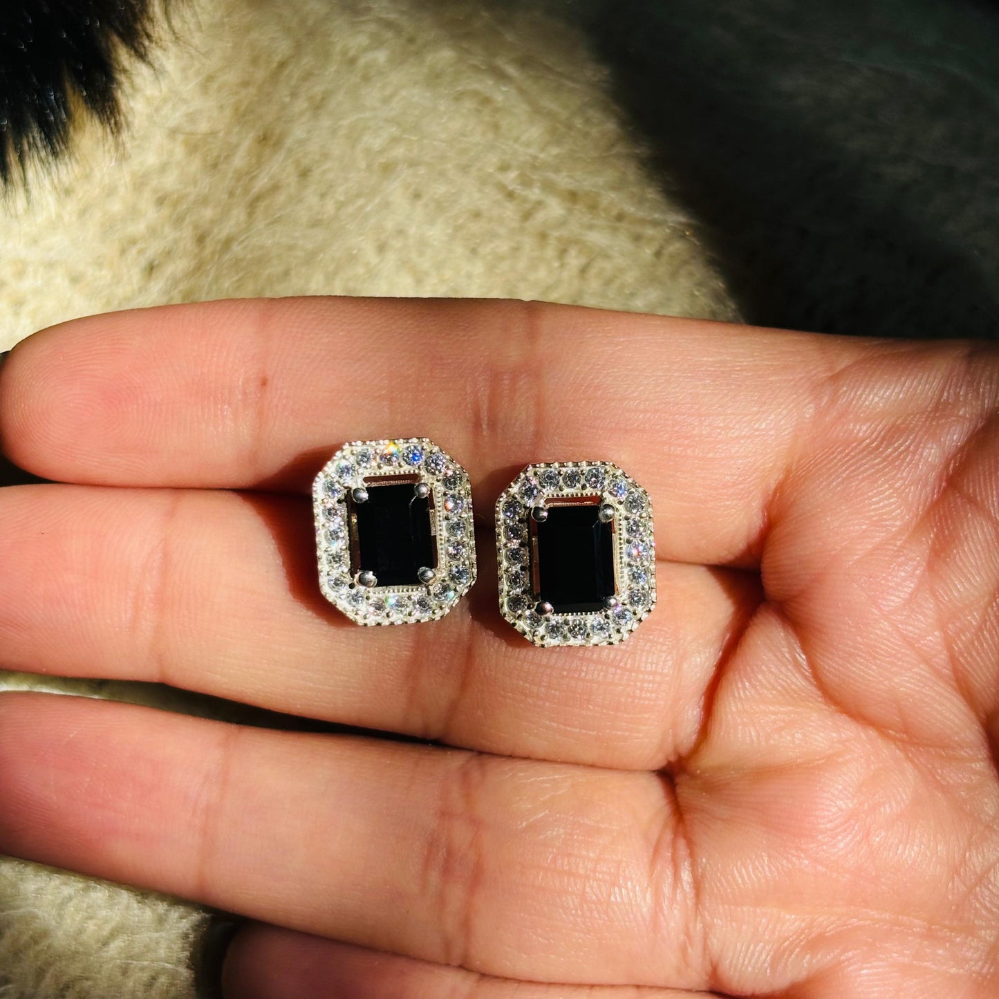 925 Pure Silver Natural Emerald-Cut Black Onyx Halo Stud Earrings