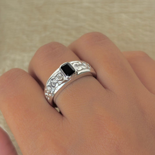 Natural Black Onyx 925 Pure Silver Band Style Ring (Certified)