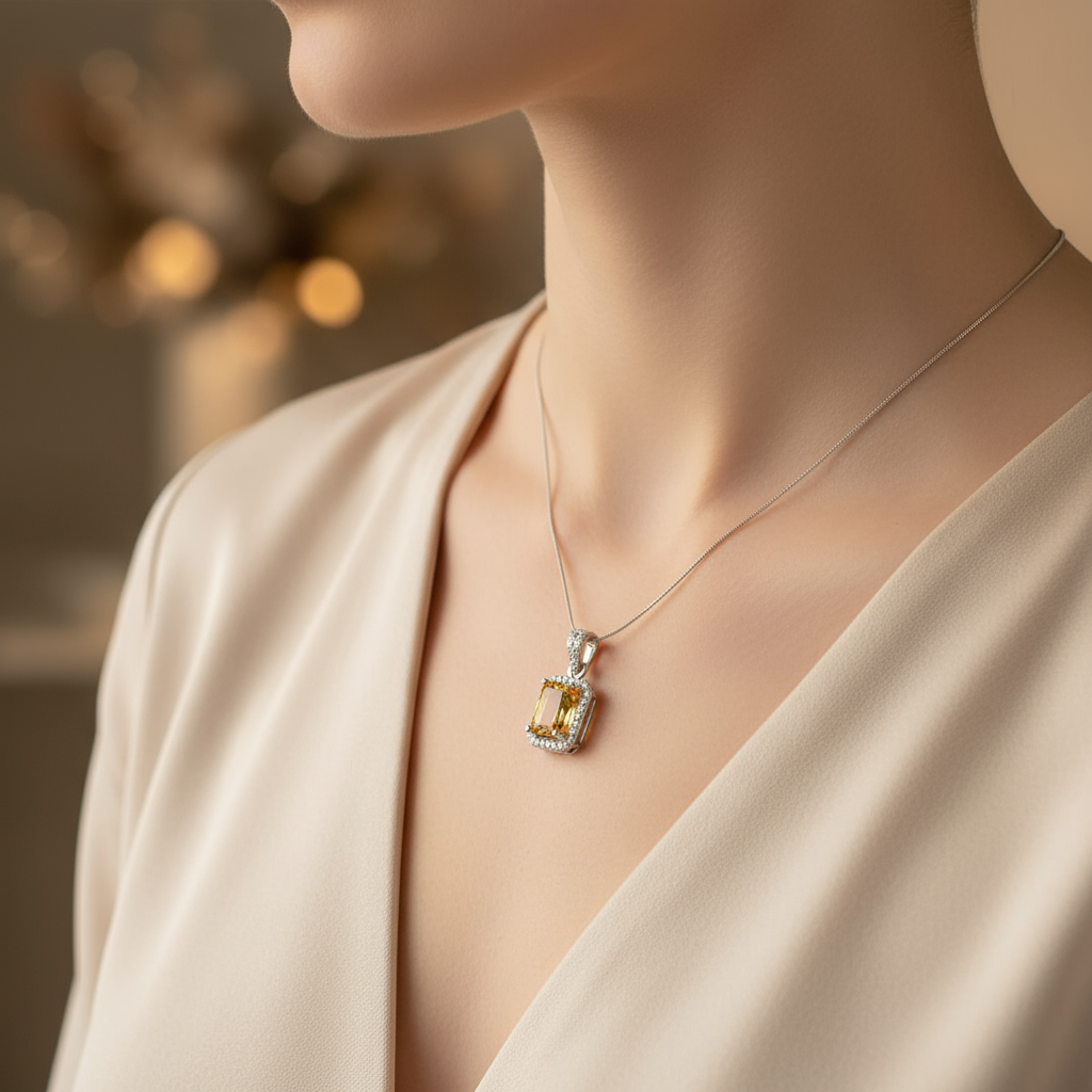 Elegant Carved Citrine Birthstone Pendant 925 Pure Silver