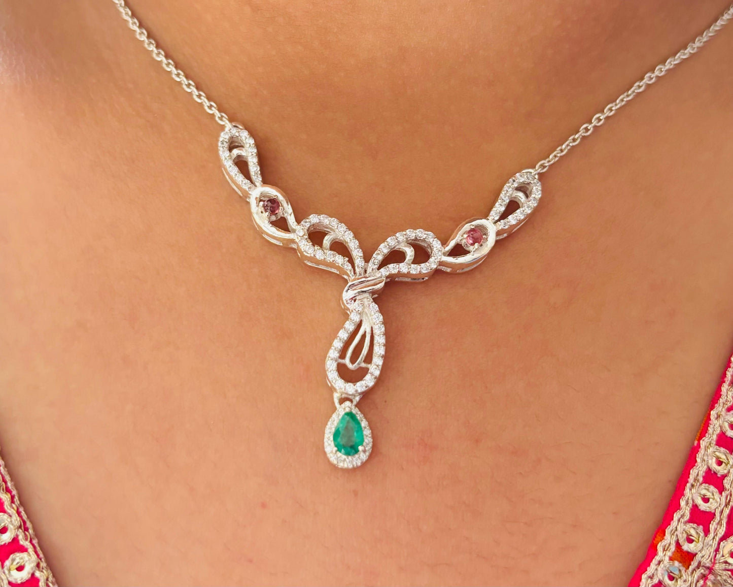925 Pure Silver Natural Emerald Statement Necklace