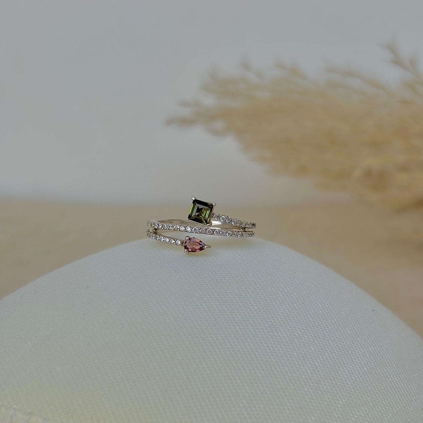 925 Pure Silver Natural Pink and Green Tourmaline Open Band Ring