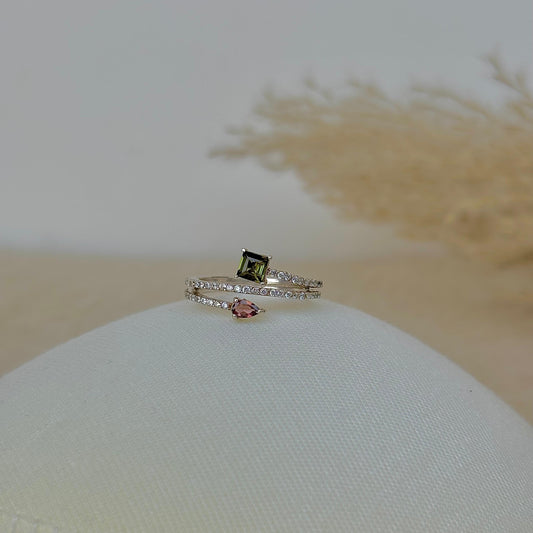925 Pure Silver Natural Pink and Green Tourmaline Open Band Ring