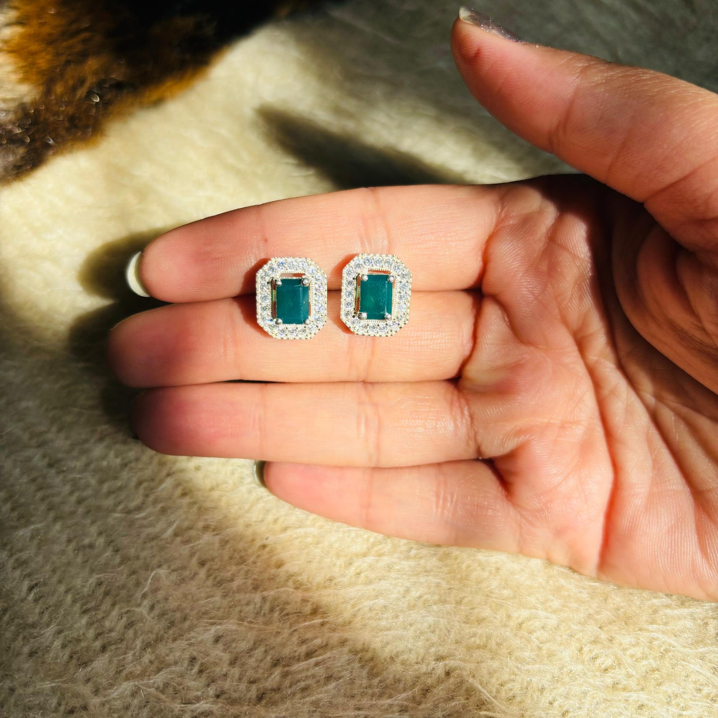 925 Pure Silver Natural Emerald-Cut Green Onyx Halo Stud Earrings